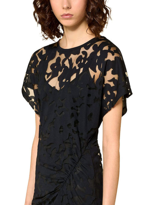 Rochie Midi De Seară Cu Dantelă Și Plasă Neagră