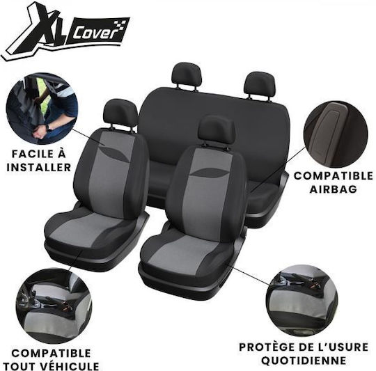 Xl Cover Set De Huse Scaune Auto 9 Buc Poliester Negru Gri 167003
