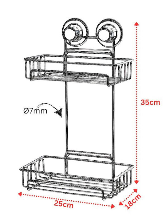 Tekno-Tel 455.DM256 Επιτοίχια Ραφιέρα Μπάνιου Inox με 2 Ράφια και Βεντούζες 25x18x35cm Ασημί