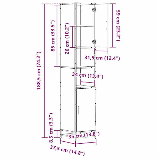 vidaXL Holz Badezimmerschrank B35xT37.5xH188.5cm Braun