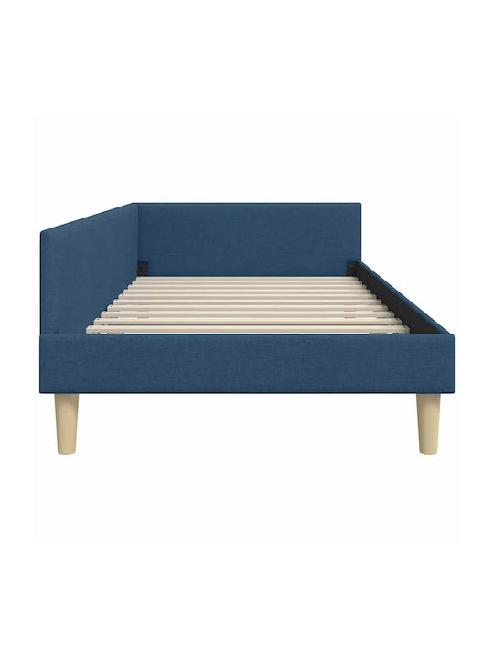Pat Single Tapițat cu Material Albastru cu Plăci pentru Saltea 90x190cm