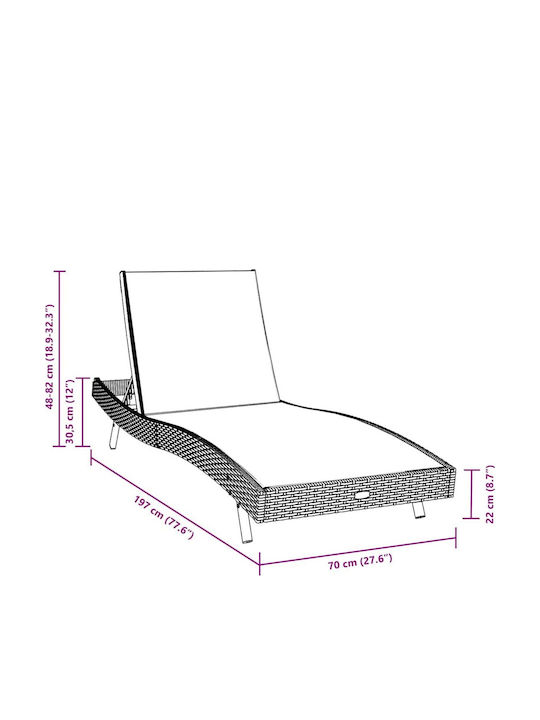 Deckchair Rattan Black with Table 3pcs 197x70x22cm.