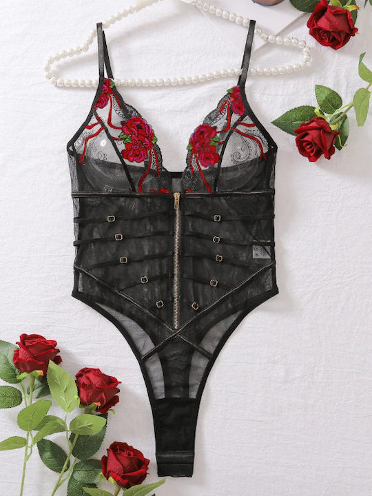 Roza Sexy Κορμάκι Κέντημα Στο Στήθος Μαύρο