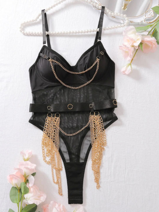 Roza Sexy Bodysuit Chains Black