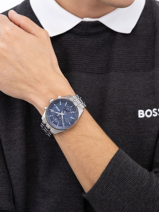 Boss Skytraveller Ανδρικό Ρολόι 44mm Χρονογράφος Μπαταρίας με Ασημί Μεταλλικό Μπρασελέ