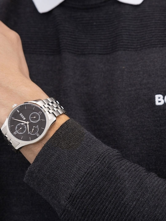 Boss Principle Ανδρικό Ρολόι 41mm Μπαταρίας με Ασημί Μεταλλικό Μπρασελέ