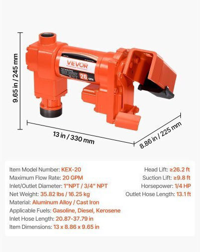 Vevor Fuel Transfer Pump 12v Dc 20 Gpm Hose & Nozzle Gasoline Diesel