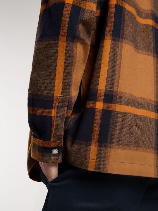 Nimmons Long Sleeve Overshirt In Wide Line Checked Brown/Dark Blue