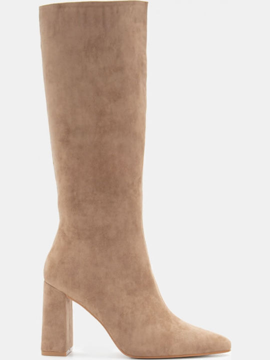 Wildleder Damenstiefel mit hohem Absatz Beige
