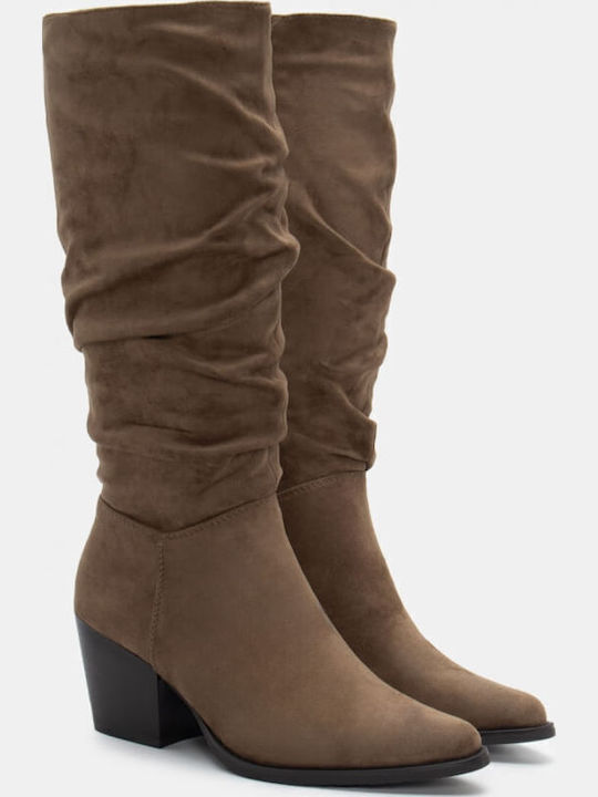 Suede Medium Heel Cowboy Boots with Zipper Green