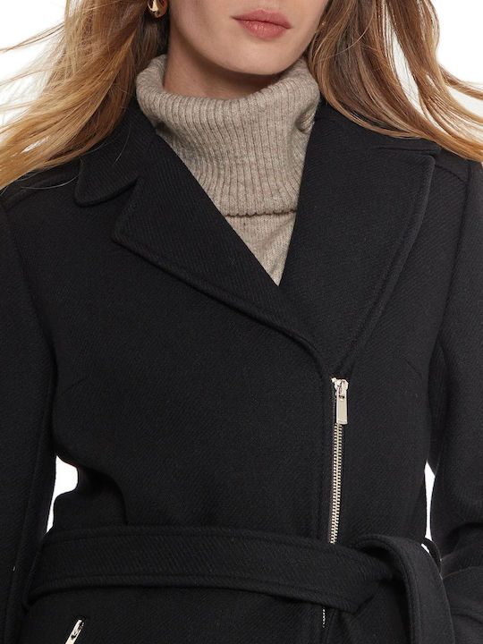 Wolle Damen Black Mantel mit Reißverschluss