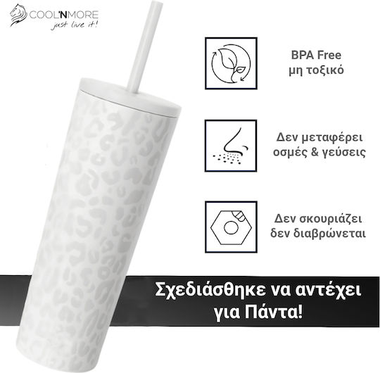 Cool'NMore Pahar Termos Oțel Inoxidabil Fără BPA 750ml Alb Leopard Cu Pai Și Mustiuc