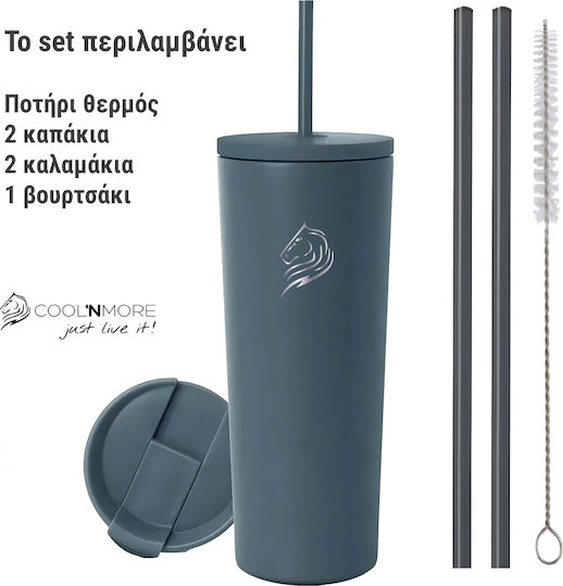 Cool'NMore Glass Thermos Stainless Steel BPA Free 600ml Lava Grey with Straw