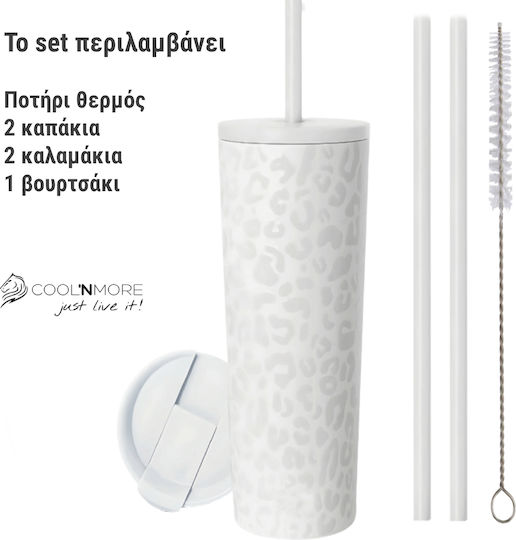 Cool'NMore Pahar Termos Oțel Inoxidabil Fără BPA 750ml Alb Leopard Cu Pai Și Mustiuc