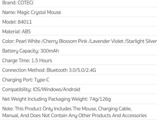 Coteci 84011 Magic Crystal Ασύρματο Bluetooth Ποντίκι Ροζ