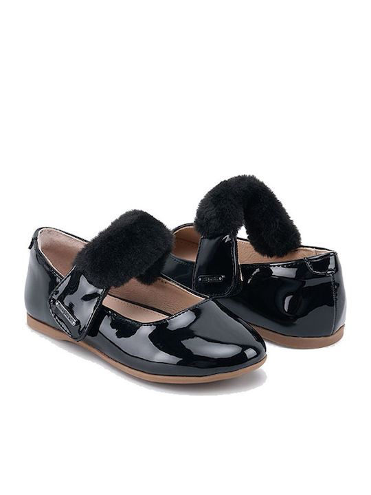 Kids Leather Ballerinas with Hoop & Loop Closure Black