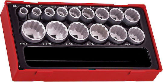 Teng Tools Sockets Pneumatic Hexagon with Frame Host 1/2" 3/8" 1/4" Set 15 Pieces