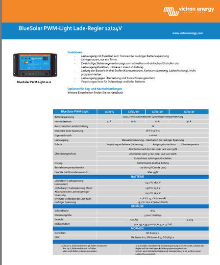 Victron Energy BlueSolar PWM-Light 12/24-5 Solar Laderegler 24V 5A