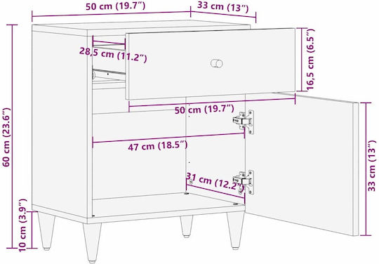 Κομοδίνο από Μασίφ Ξύλο και Γυαλί Μάνγκο 50x33x60cm
