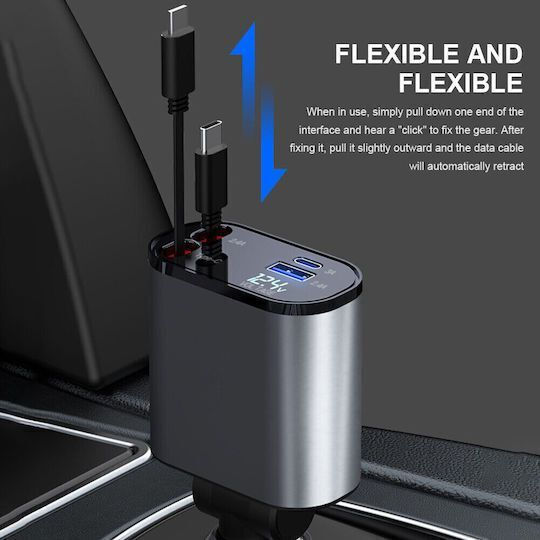 Auto-Ladegerät 120W 2.4A Schnellladung mit Anschlüssen: 1xUSB 1xType-C mit Kabel Blitzschlag / Typ-C,TC-TC und Voltmeter