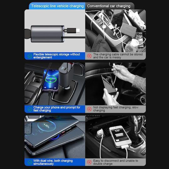 Auto-Ladegerät 120W 2.4A Schnellladung mit Anschlüssen: 1xUSB 1xType-C mit Kabel Blitzschlag / Typ-C,TC-TC und Voltmeter