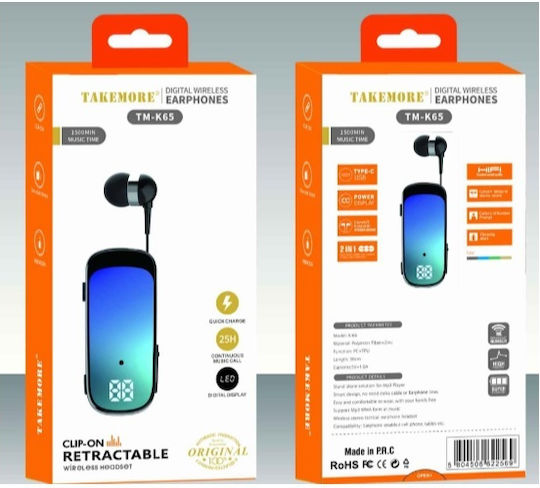 Takemore TM-K65 In-ear Bluetooth Handsfree Ακουστικό Μαύρο