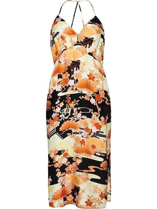 Dress Καλοκαιρινό Midi Κομπινεζόν Φόρεμα Σατέν με Σκίσιμο Floral