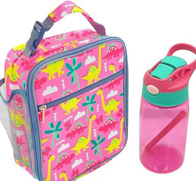 Lunchbox Πλαστικό Παιδικό Σετ Φαγητού Δεινόσαυροι Ισοθερμικό Ροζ