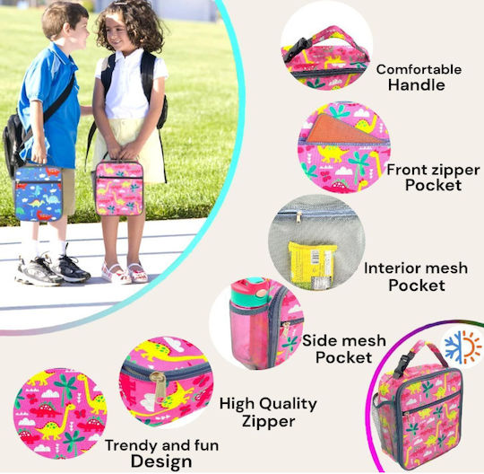 Lunchbox Πλαστικό Παιδικό Σετ Φαγητού Δεινόσαυροι Ισοθερμικό Ροζ
