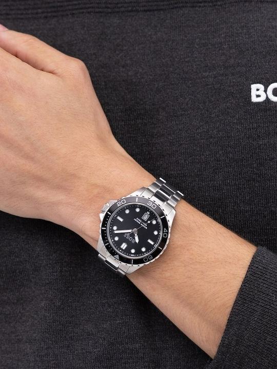 Boss Troper Ανδρικό Ρολόι 42mm Μπαταρίας με Ασημί Μεταλλικό Μπρασελέ