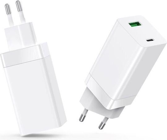 Setty Φορτιστής Χωρίς Καλώδιο GaN με Θύρα USB-A και Θύρα USB-C 65W Power Delivery Λευκός (LSI-02)