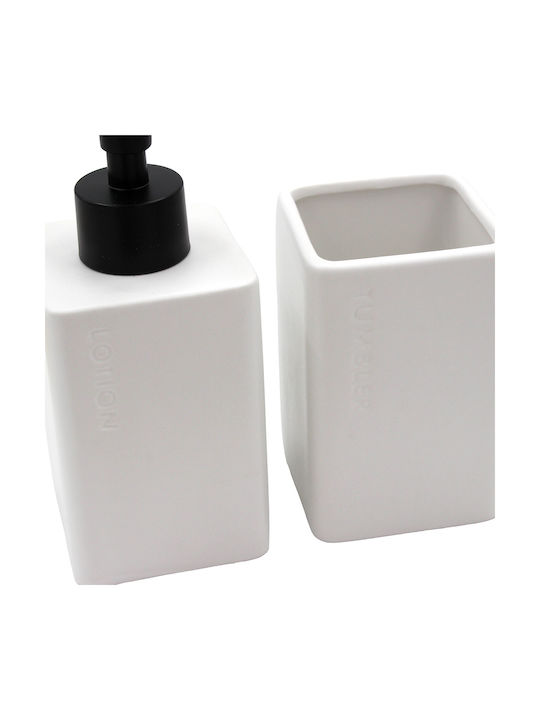 Keskor Bamboo Bathroom Accessory Set Ceramic White 2 Pieces