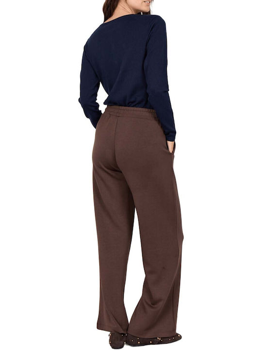Damen Hoch tailliert Stoff Hose mit Gummizug Brown