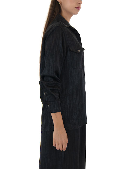 Women's Satin Long Sleeve Shirt Black