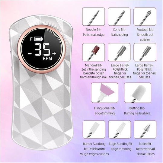 Portable Nail Drill Battery 12W White with 35000 Rotations per Minute