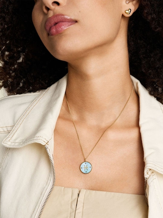 Fossil Zodiac Sign Pisces Necklace in Gold Plated Steel with Zircon Blue