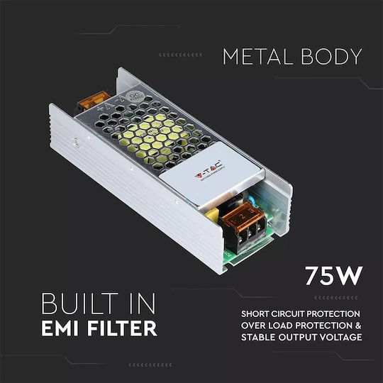 V-TAC Dimmable Τροφοδοτικό LED IP20 Ισχύος 75W με Τάση Εξόδου 12V