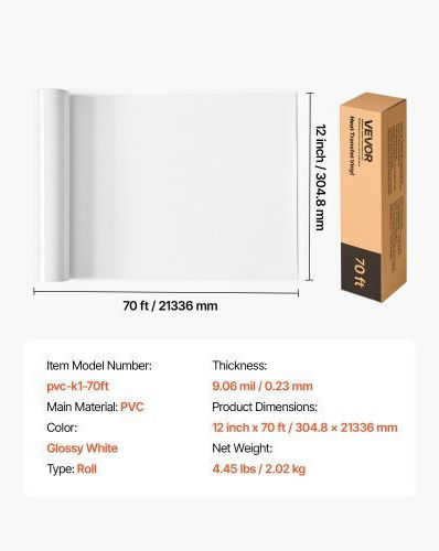 Vevor Heat Transfer Vinyl Htv Iron On Vinyl Roll 304.8 X 21336 Mm Glossy White