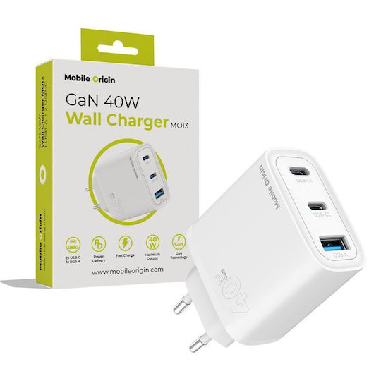 Mobile Origin Charger Without Cable GaN with USB-A Port and 2 USB-C Ports 40W Power Delivery Whites (MO13)