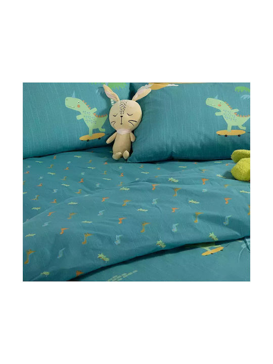 Nef-Nef Homeware Dinos On Wheels Set Kids Duvet Cover Single with Pillowcase Cotton Petrol 160x240cm