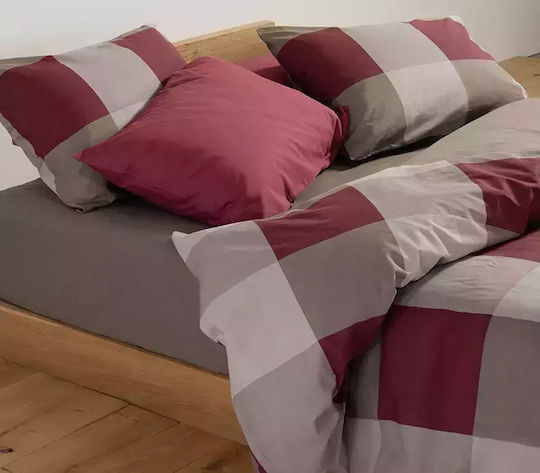 Nef-Nef Homeware Duvet Cover Set Cotton Single with Pillowcase 170x240 Casual Check Bordo