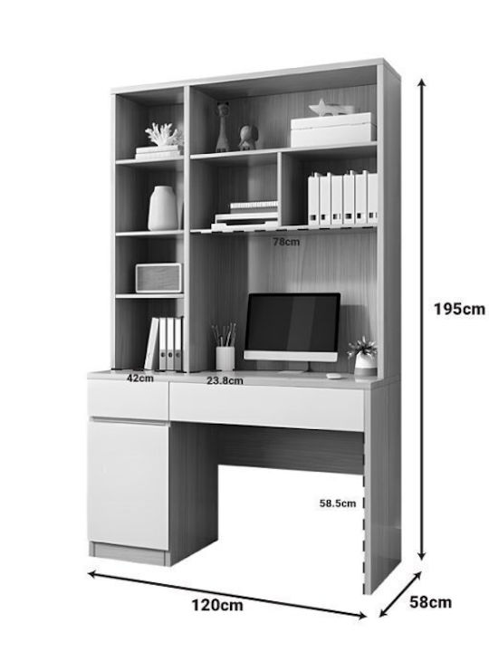 Desk Pertin Wooden with Bookshelf White 120x60x195cm