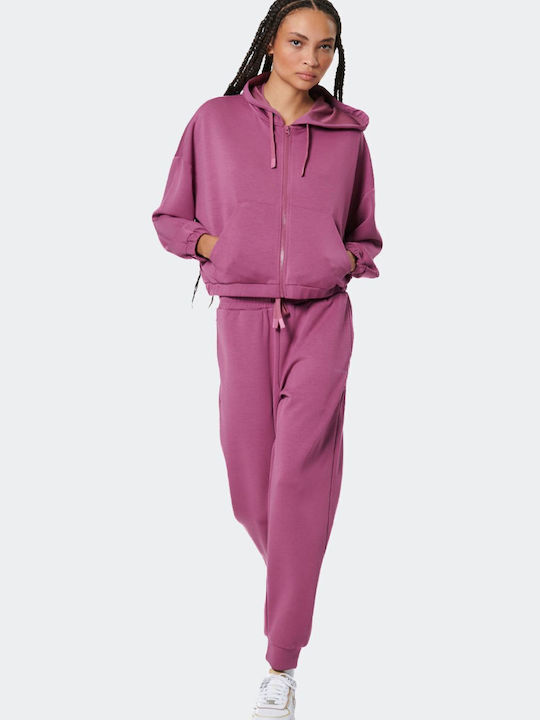 Kurzgeschnitten Damen Sweatshirtjacke Kapuzen Crushed Berry