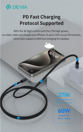 Devia USB 2.0 Кабел USB-C Мъжки - USB-C 60W Захранване PD Черен 3м