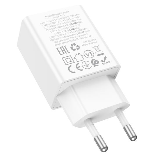 Hoco Charger Without Cable GaN with USB-A Port and USB-C Port 30W Power Delivery Whites (N71 Nuevo)