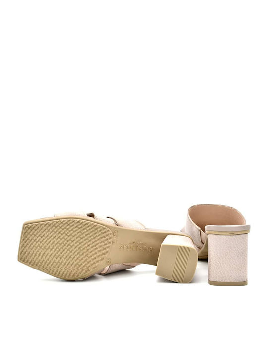 Nougat Nude Leather Mules with Chunky Low Heel Nougat Nude