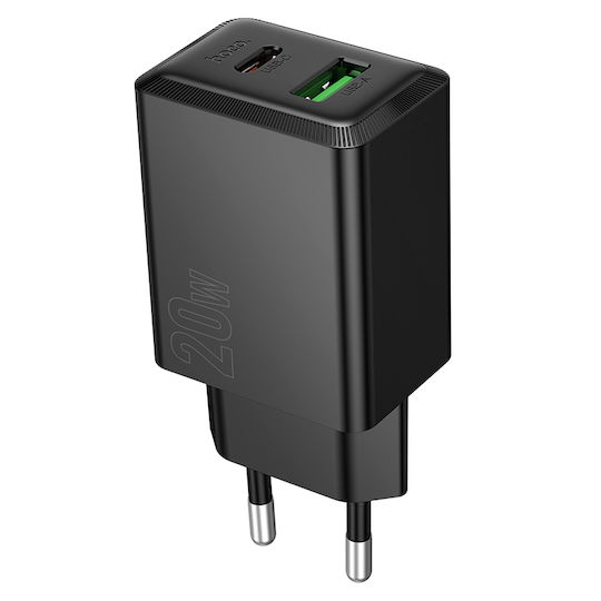 Hoco Charger Without Cable with USB-A Port and USB-C Port 20W Power Delivery Blacks (N69 Nuevo)