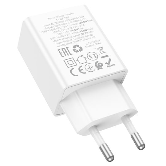 Hoco Charger Without Cable with USB-A Port and USB-C Port 20W Power Delivery Whites (N69 Nuevo)