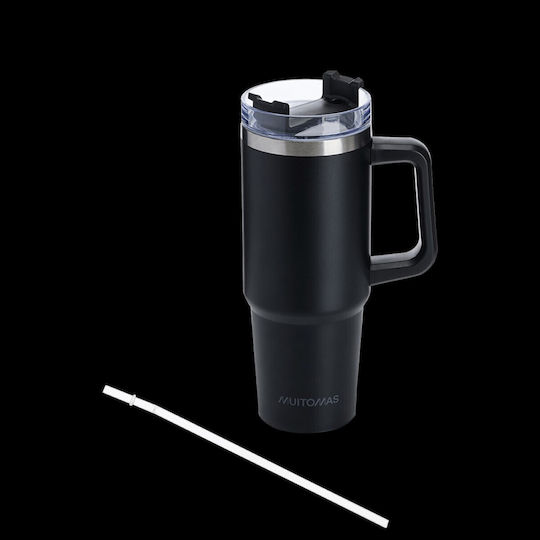 Muitomas Handled Tumbler Plastic Thermos Bottle 900ml Black with Straw and Handle