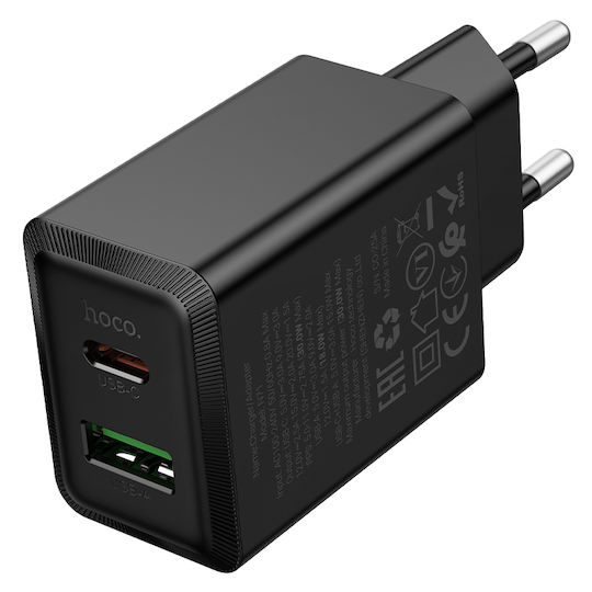 Hoco Charger Without Cable GaN with USB-A Port and USB-C Port 30W Power Delivery Blacks (N71 Nuevo)